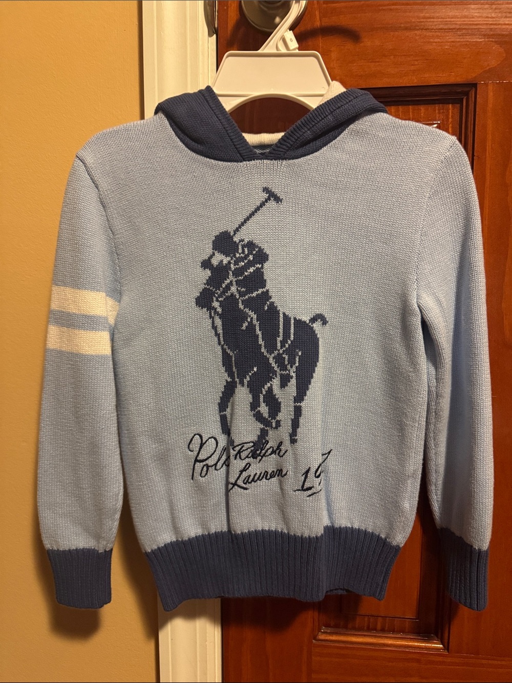 Ralph Lauren Light Blue and Navy Polo Player Crewneck Sweater Hoodie